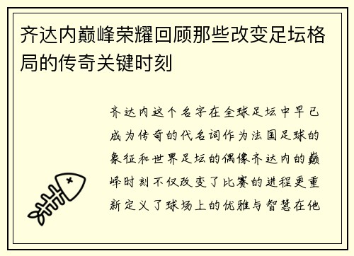 齐达内巅峰荣耀回顾那些改变足坛格局的传奇关键时刻